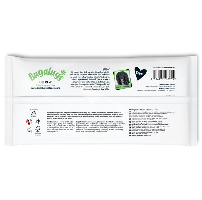 Toallitas Biodegradables para Mascotas Sin Fragancia (110 uds) - Bugalugs : 20 uds - 2